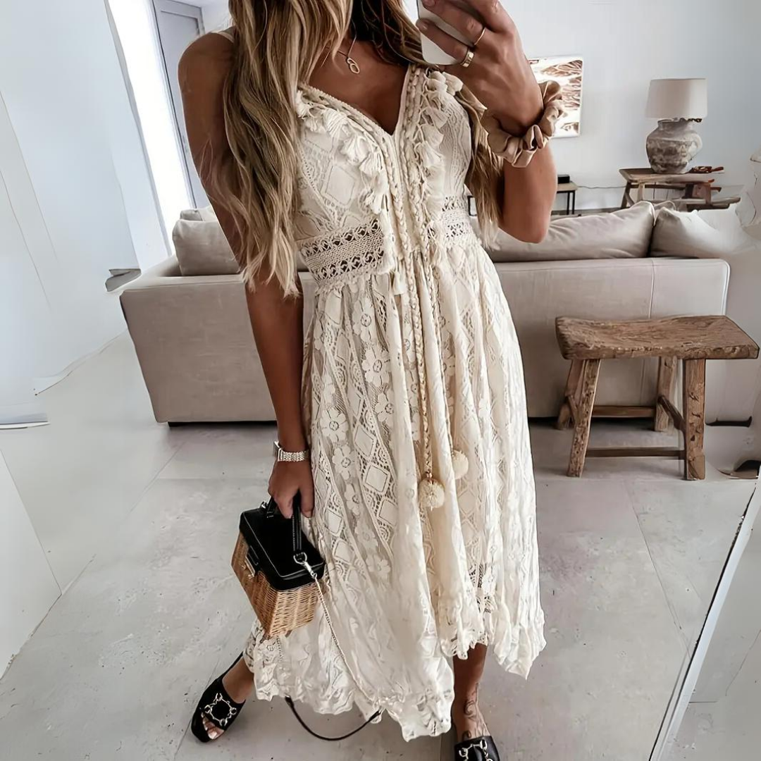 Casual Floral Midi Dress with Lace Trim - Nocini