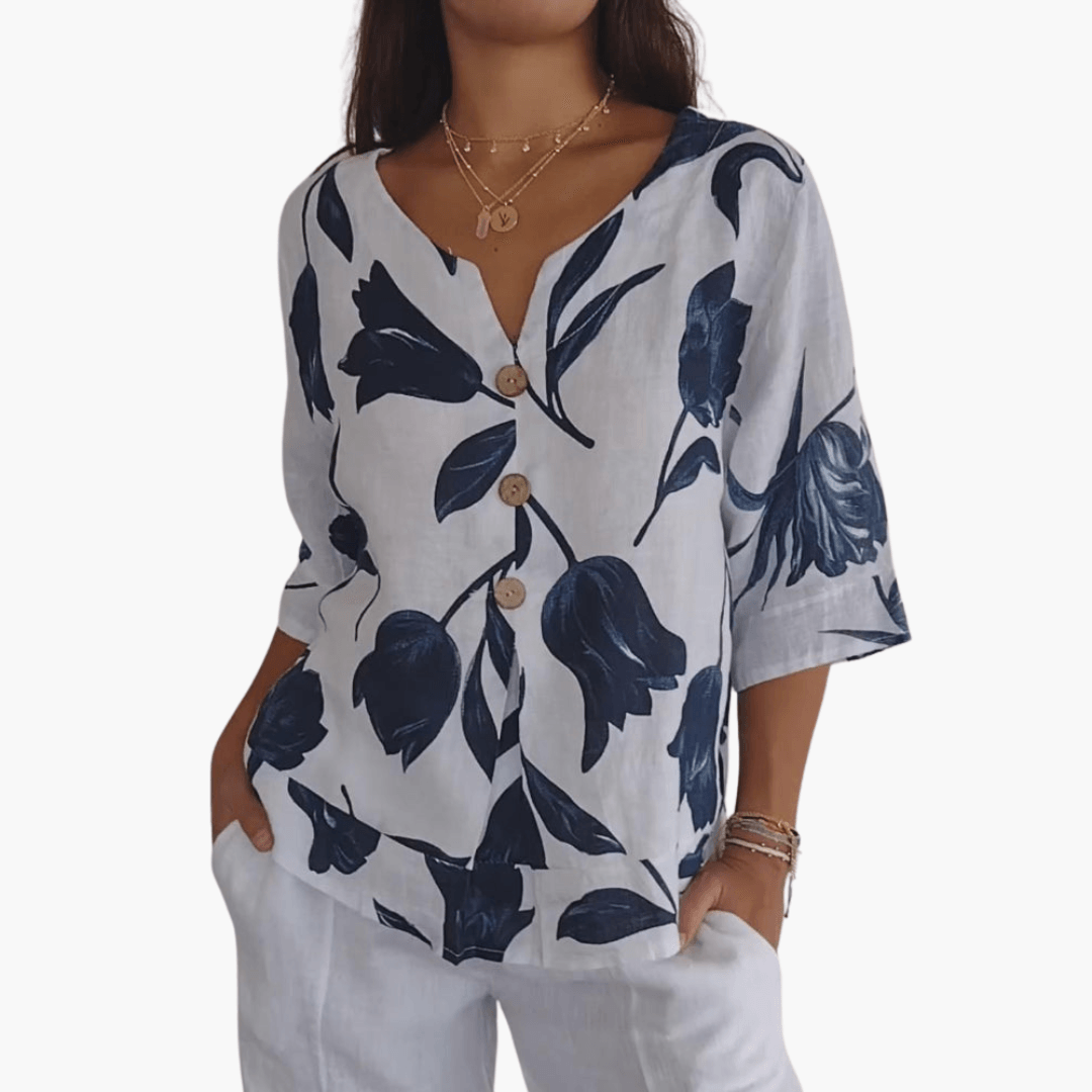 Ladies' Pretty Flower V-Neck Shirt - Olytrend