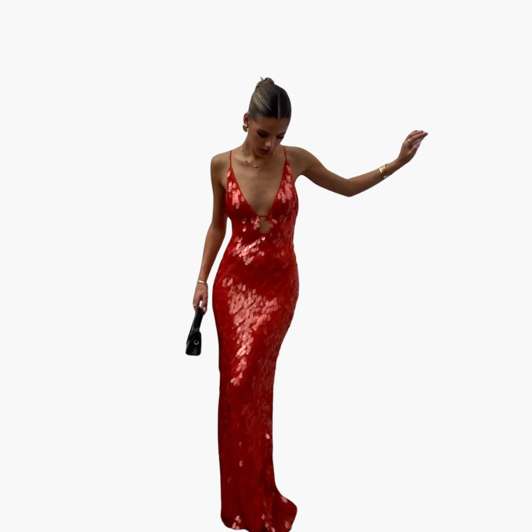 Glittering Formal Gown for Women - Long V Neck Dress - Olytrend