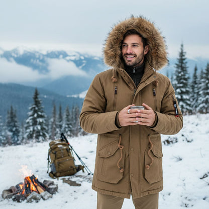 Warm Men's Down Parka Jacket with Faux Fur Hood