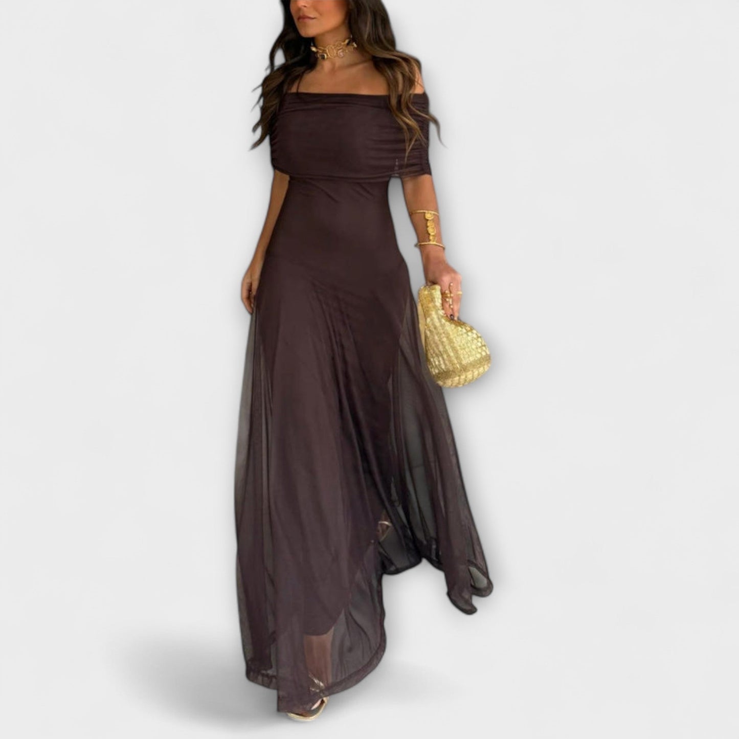 Chic Off Shoulder Mesh Evening Gown for Women - Nocini