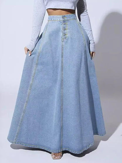 Classic Blue Jeans A-Line Skirt with Buttons - Olytrend