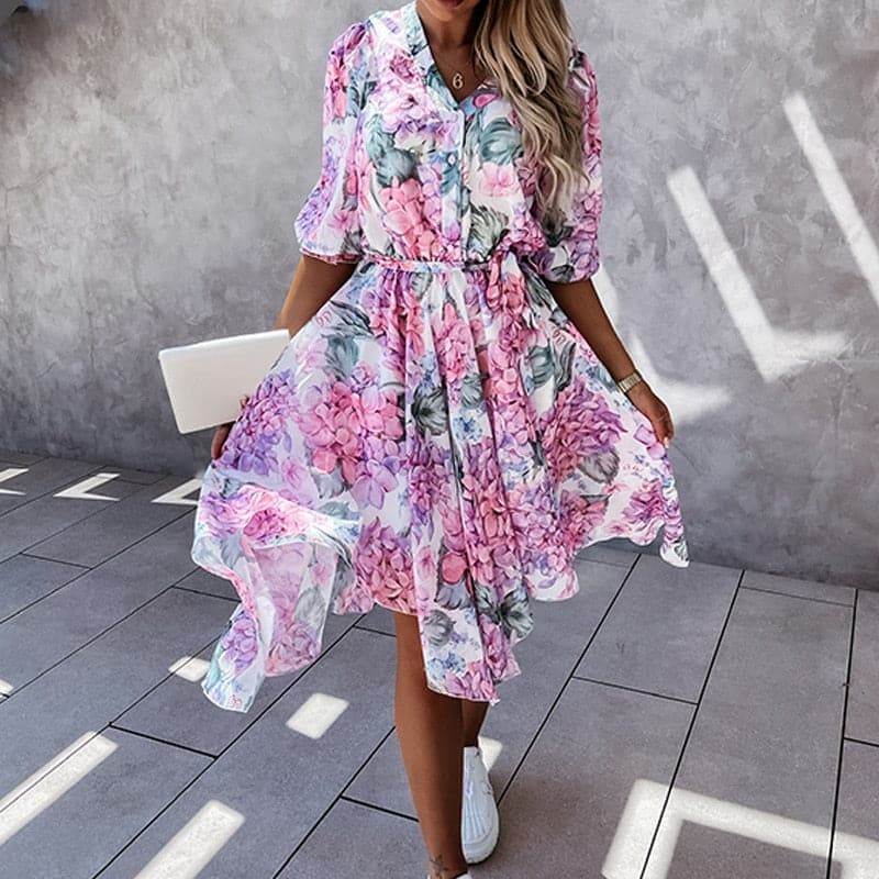 Casual Floral V Neck Midi Dress with Elastic Waist - Nocini