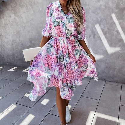 Casual Floral V Neck Midi Dress with Elastic Waist - Nocini