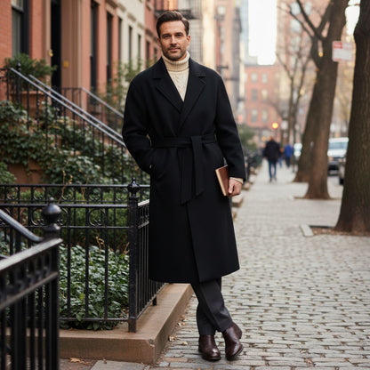 Classic Men's Tan Wool Overcoat with Belt