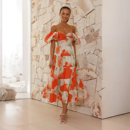 Chic Floral Midi Dress with Puff Sleeves - Nocini