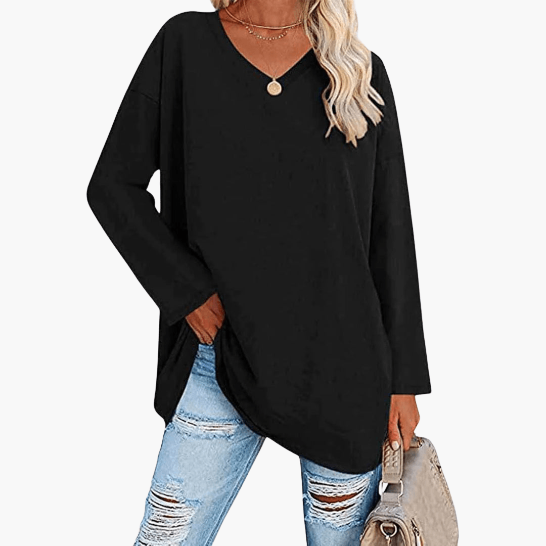 Relaxed Fit V-Neck Long Sleeve Women's Shirt - Olytrend