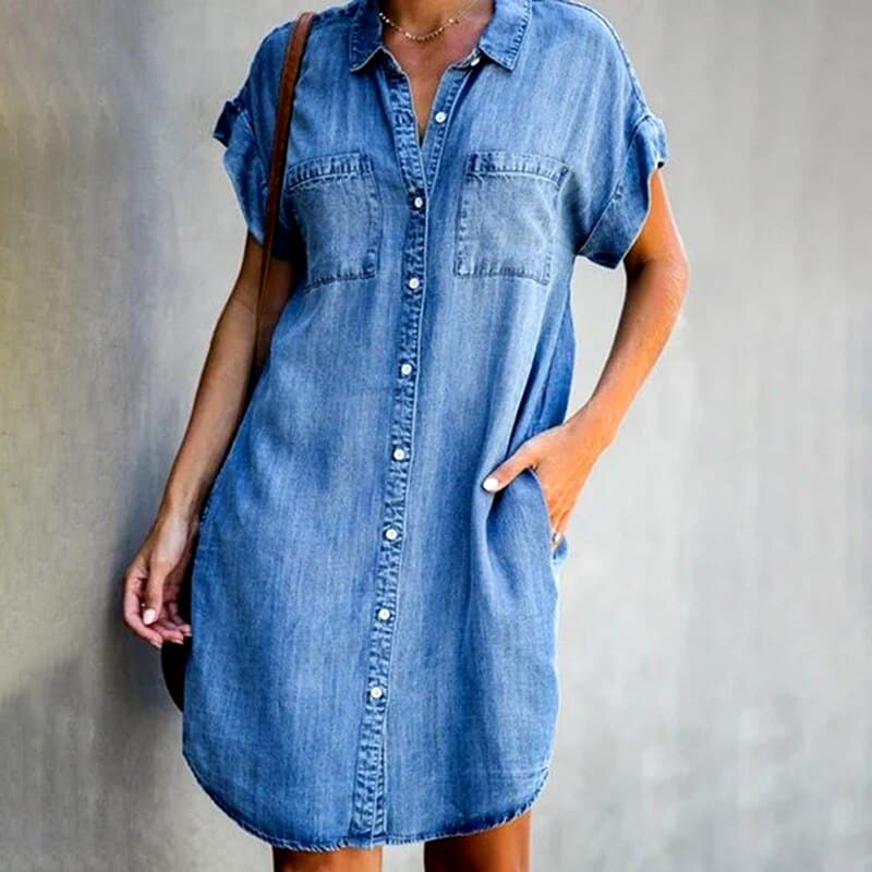 Casual Denim Shirt Dress with Buttons and Short Sleeves - Nocini