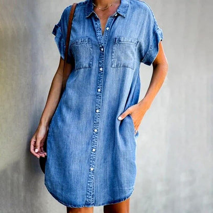 Casual Denim Shirt Dress with Buttons and Short Sleeves - Nocini