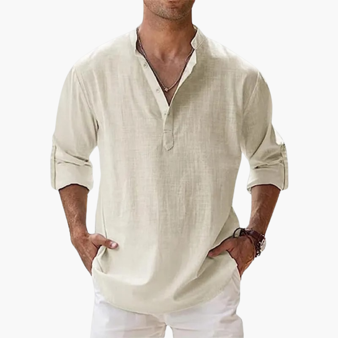 Relaxed Fit Men's Linen Henley Shirt Long Sleeve - Olytrend