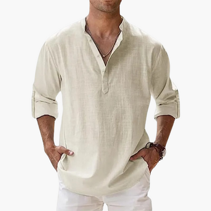 Relaxed Fit Men's Linen Henley Shirt Long Sleeve - Olytrend