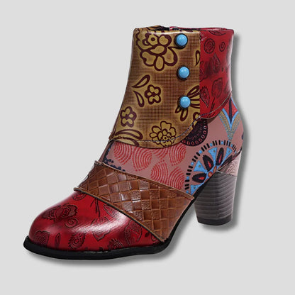 Stylish Floral Leather with Block Heel and Classic Look - Olytrend
