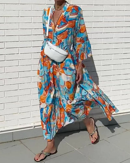 Flowy V-Neck Maxi Dress with Ruffled Sleeves - Nocini