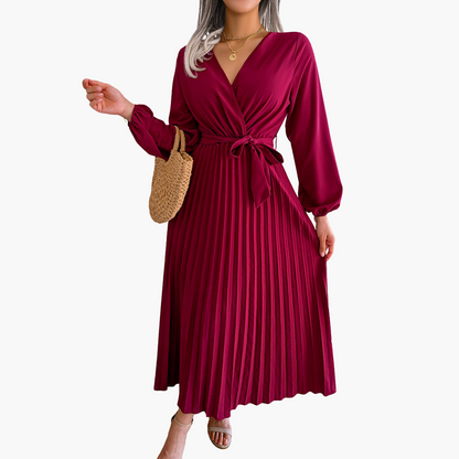 Stylish Women's Long Sleeve Maxi Dress - Flared Pleats - Olytrend
