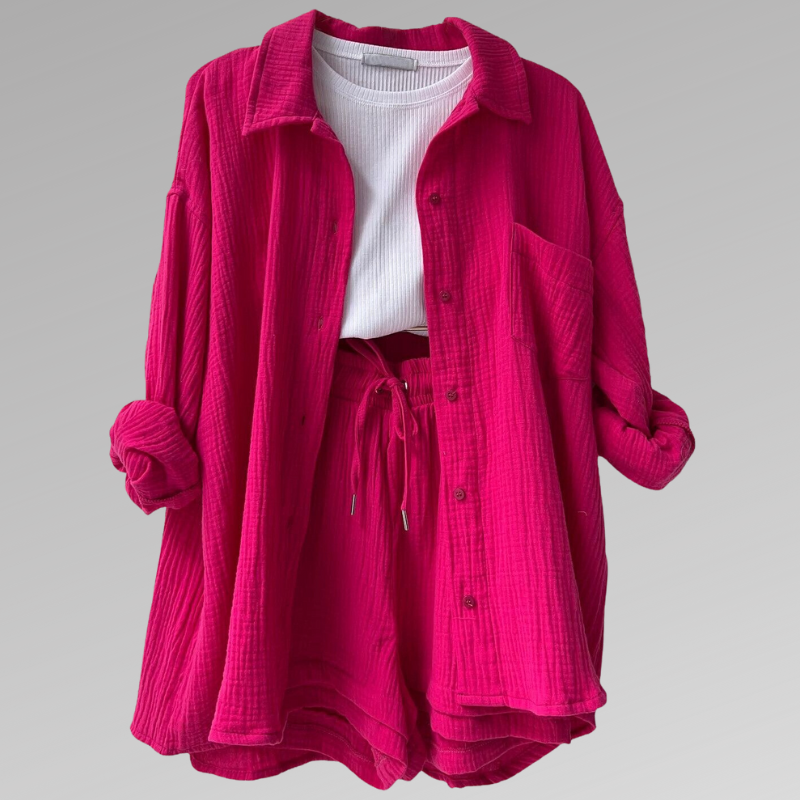 Comfortable Cotton Button Front Top and Stretch Shorts Set