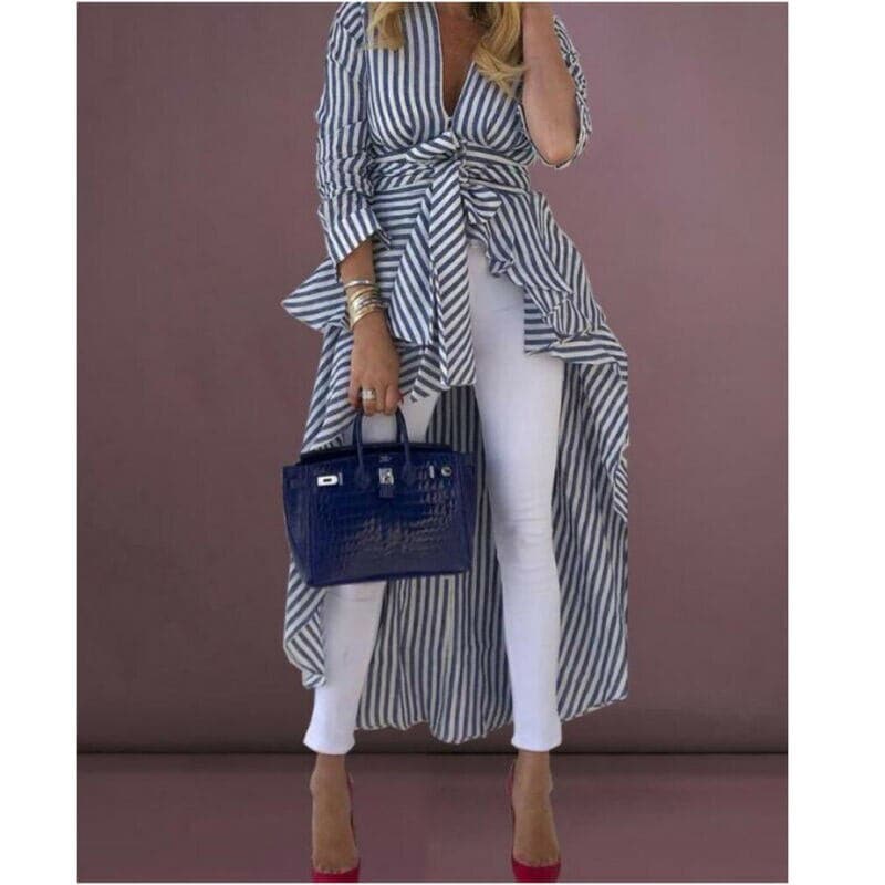 Women's Chic V-Neck Striped Blouse with Tie Waist - Nocini