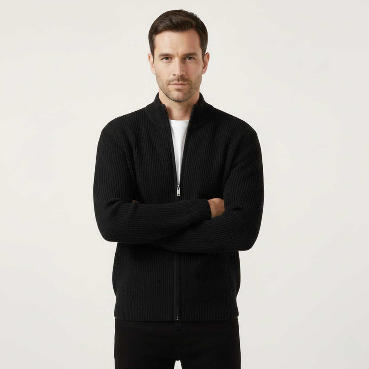 Men's Fashionable Crew Neck Zip Knit Sweater