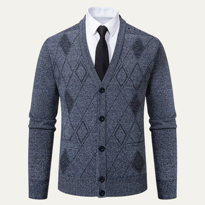 Warm Plaid V Neck Men's Fleece Cardigan Sweater - Nocini