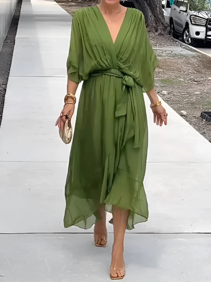Flattering V-Neck Wrap Dress with Loose Fit Sleeves - Nocini