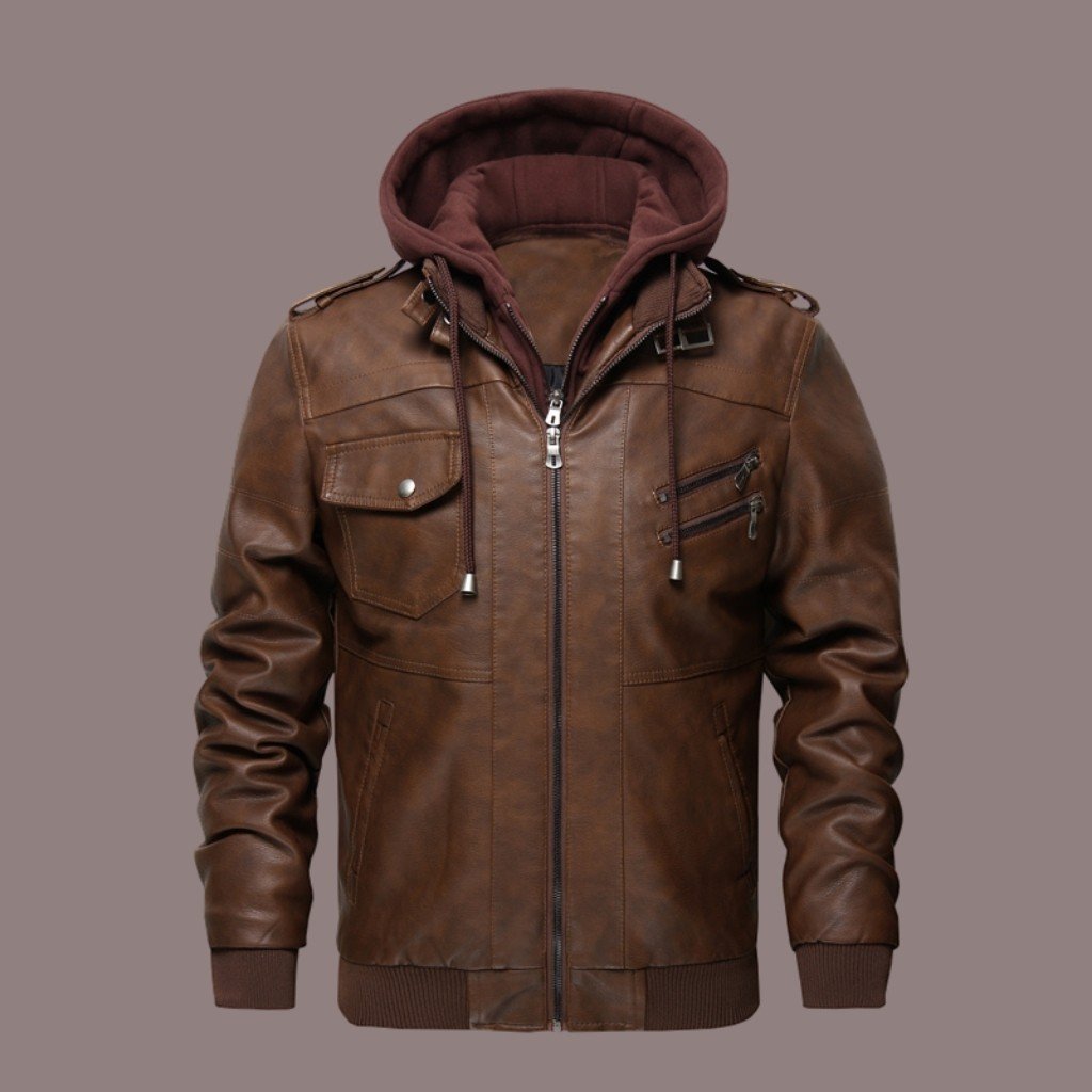 Classic Biker Jacket with Hood and Multiple Pockets