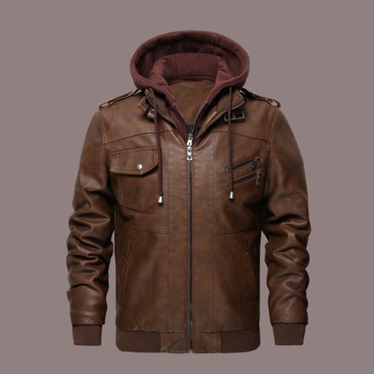 Classic Biker Jacket with Hood and Multiple Pockets