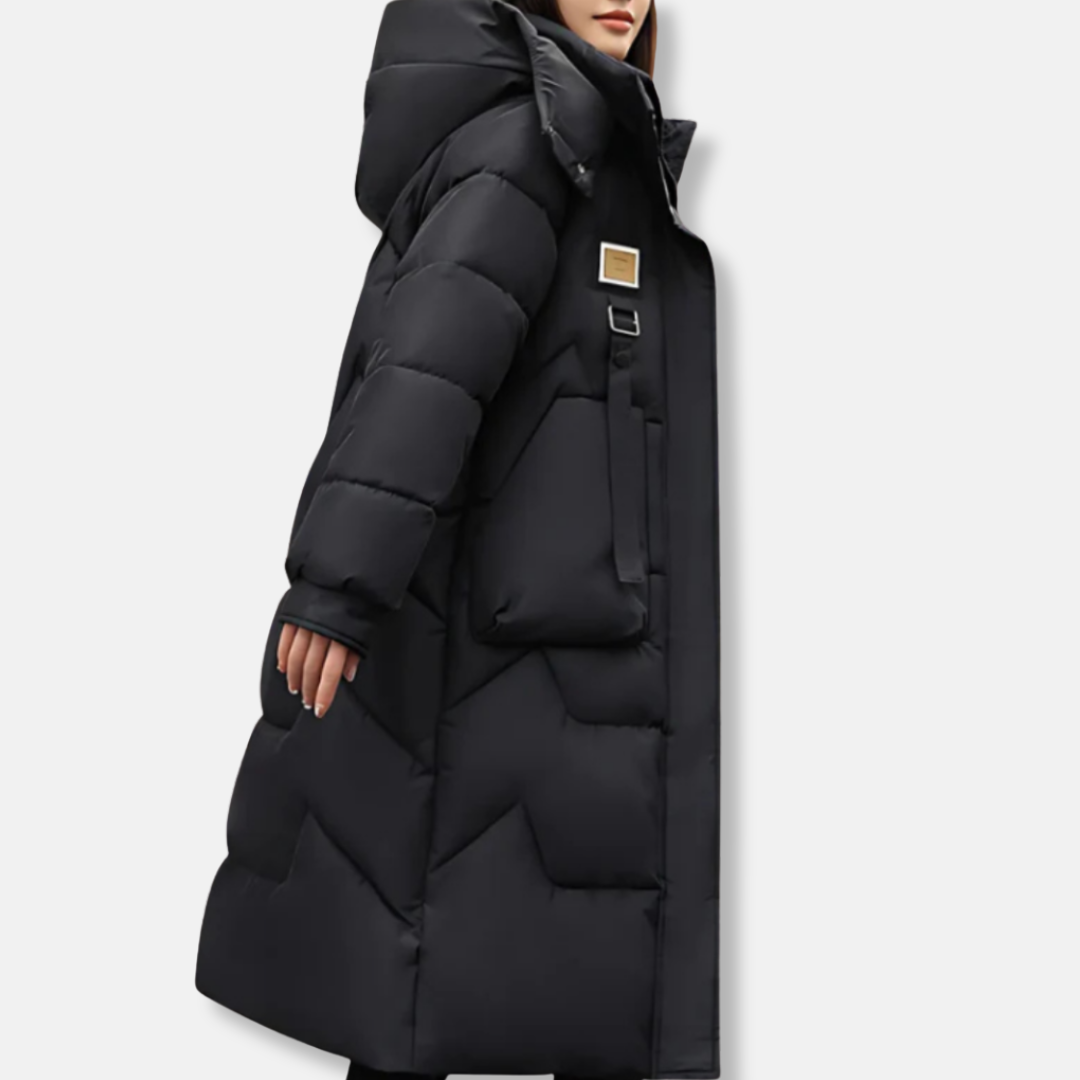 Ladies Long Parka Coat with Hood and High Neck - Nocini