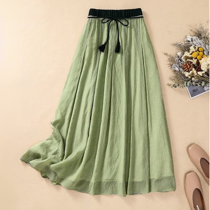 Flowy Long Skirt with Embellished Waist and Fringe Trim