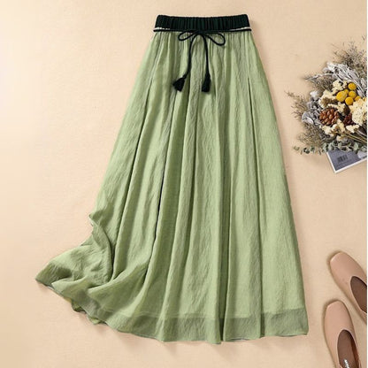 Flowy Long Skirt with Embellished Waist and Fringe Trim