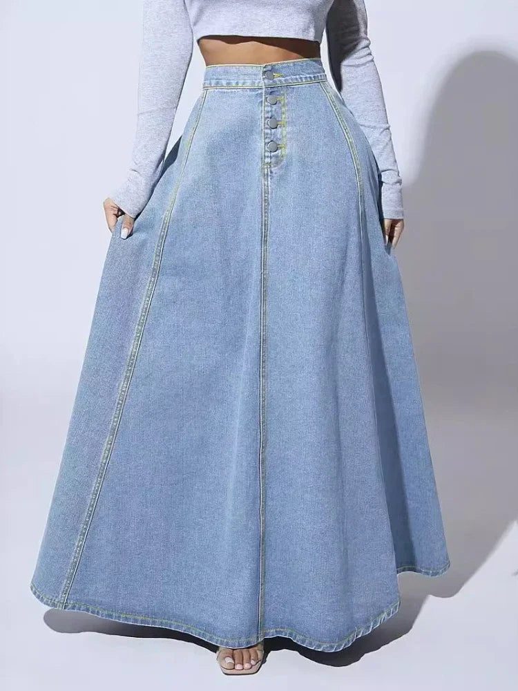 Classic Jeans Flared Skirt with Button Front - Olytrend