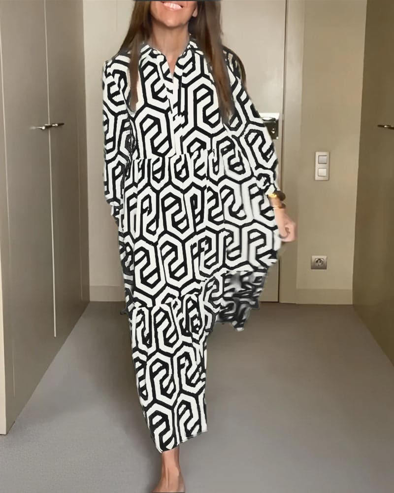 Relaxed Fit Long Sleeve Maxi Dress with Buttons