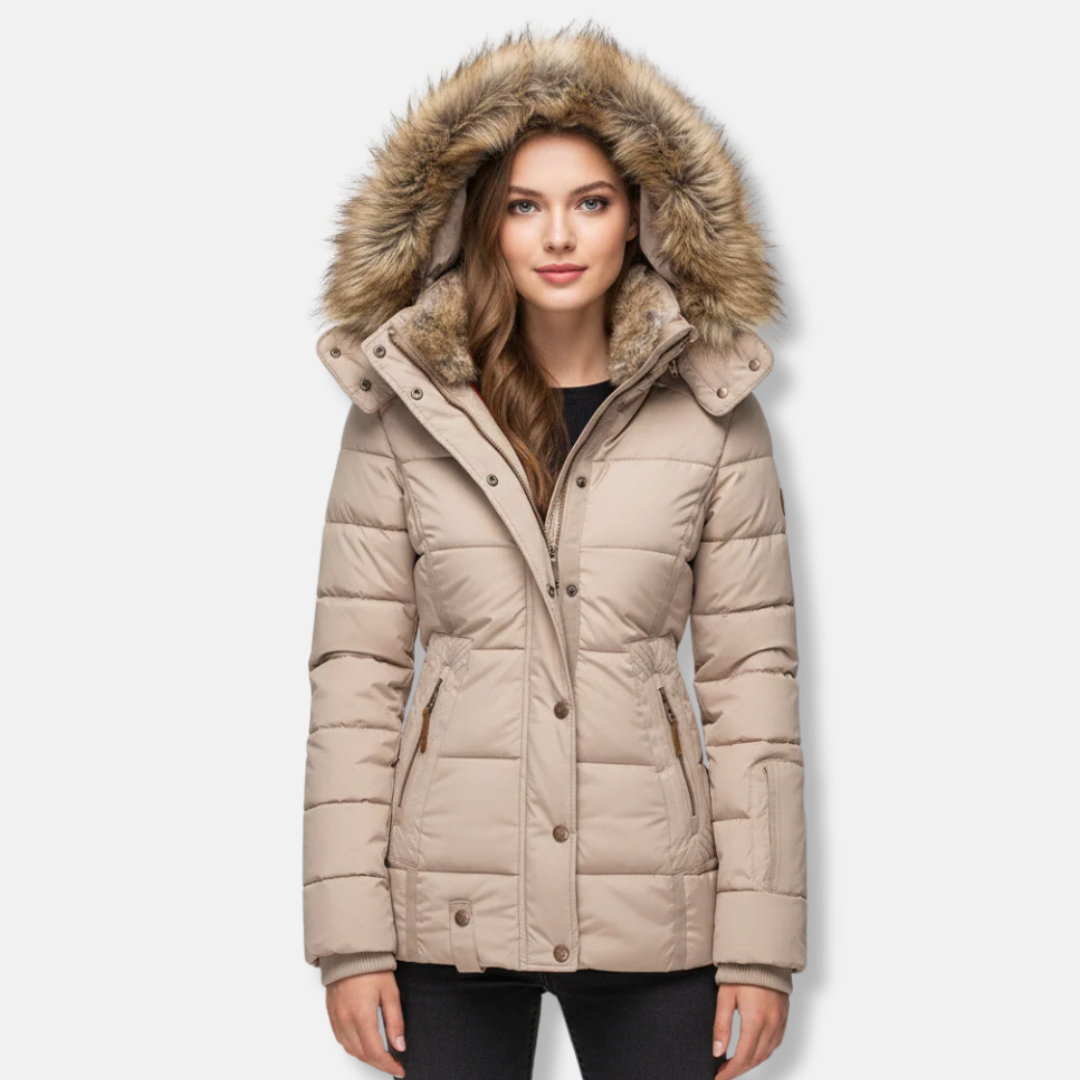 Warm Quilted Down Jacket with Fur Hood - Nocini