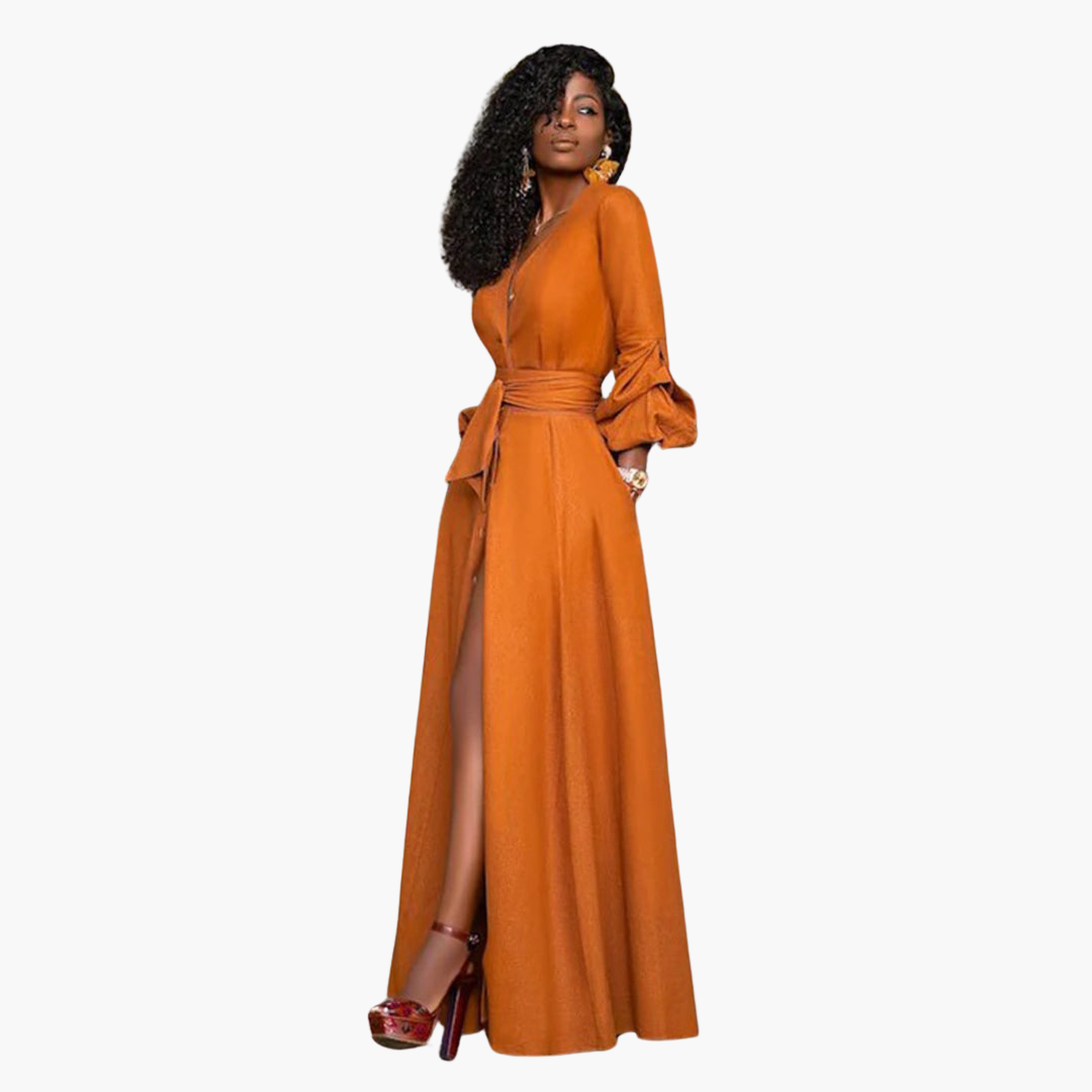 Flowy Long Dress with Wide Belt for Women - Olytrend