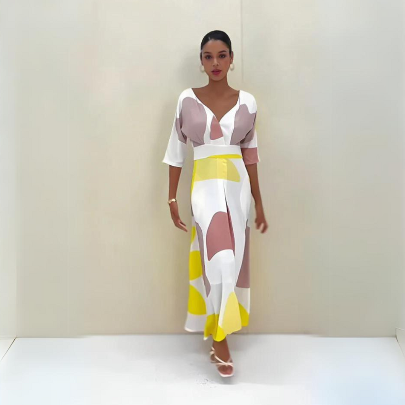 Feminine V Neck Midi Dress with Fitted Waist - Nocini