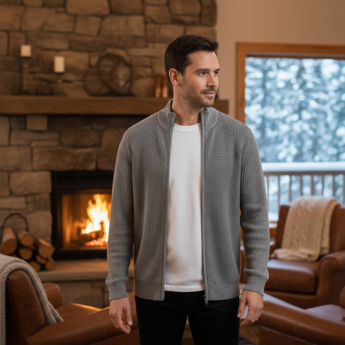 Men's Fashionable Crew Neck Zip Knit Sweater
