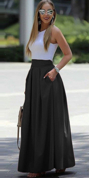 Long Flowy Maxi Skirt with Pockets High Waist Style