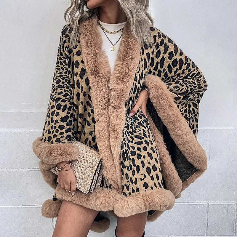 Luxurious Leopard Fur Trimmed Cape Coat - Nocini