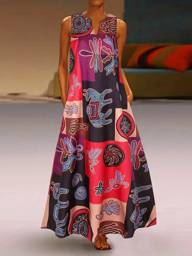 Casual Summer Maxi Dress with V Neck and Floral Print - Nocini