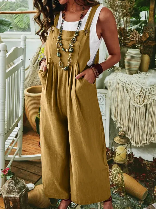 Loose Fit Women's Jumpsuit with Elastic Waist and Adjustable Straps