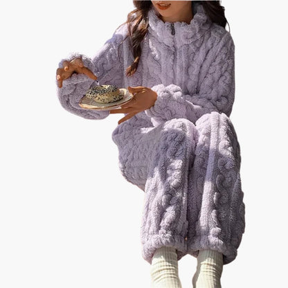 Cozy Women's Fleece Sleepwear Set with Zip Top and Legs