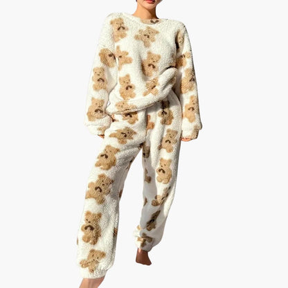 Cozy Women's Bear Print Pajama Set with Stretchy Waist - Olytrend