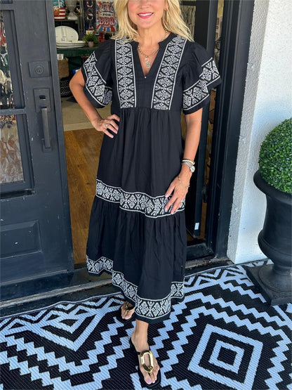 Ladies' Floral V-Neck Summer Midi Dress with Cap Sleeves - Nocini