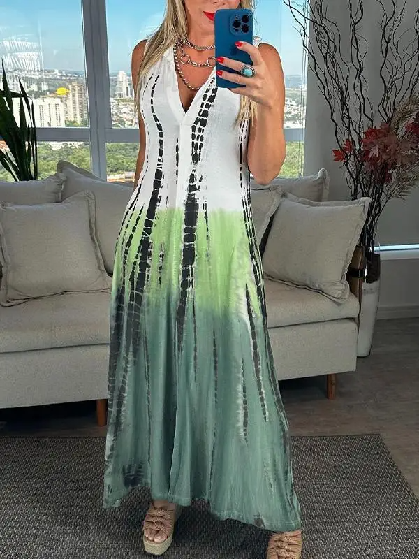 Long Sleeveless Summer Dress with Color Block Pattern