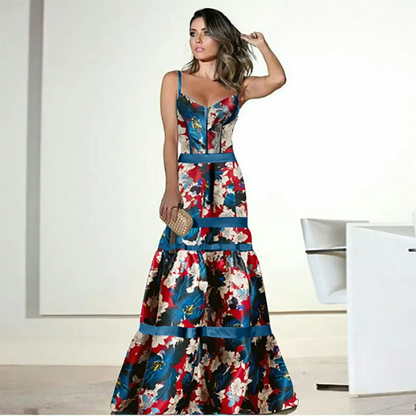 Elegant Strapless Floral Maxi Dress in Silk Fabric