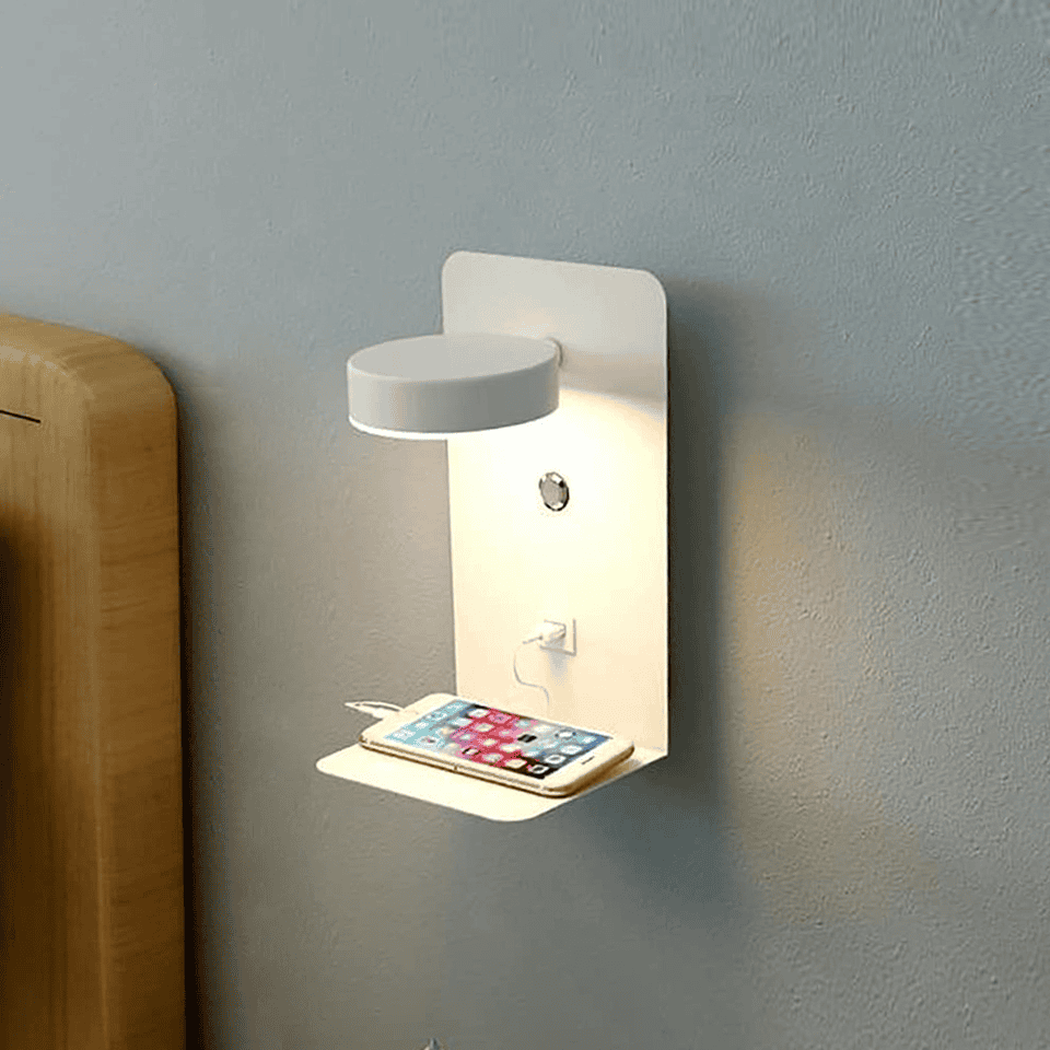 Minimalist LED Wall Lamp with USB Charger and Shelf
