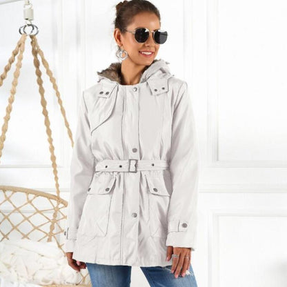 Waterproof Women's Parka Coat with Hood and Belt