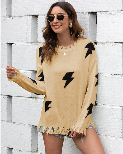 Cozy Women's Knit Sweater with Fringe and Bold Print