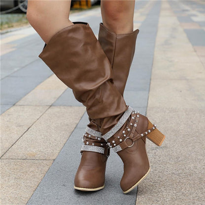 Pam Women's Tall Slouch Boots - Chunky Block Heel - Olytrend