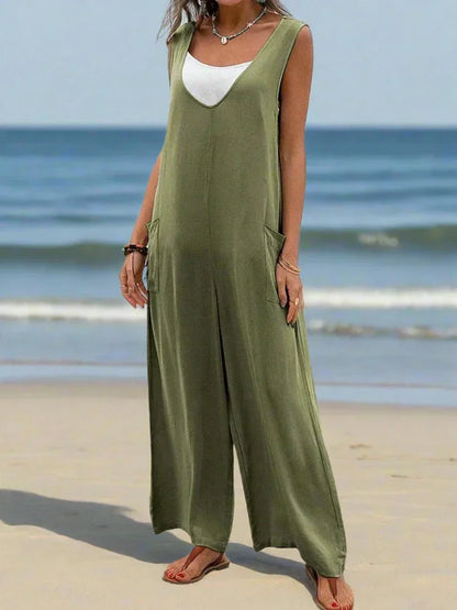 Relaxed Fit Women's Sleeveless V Neck Jumpsuit