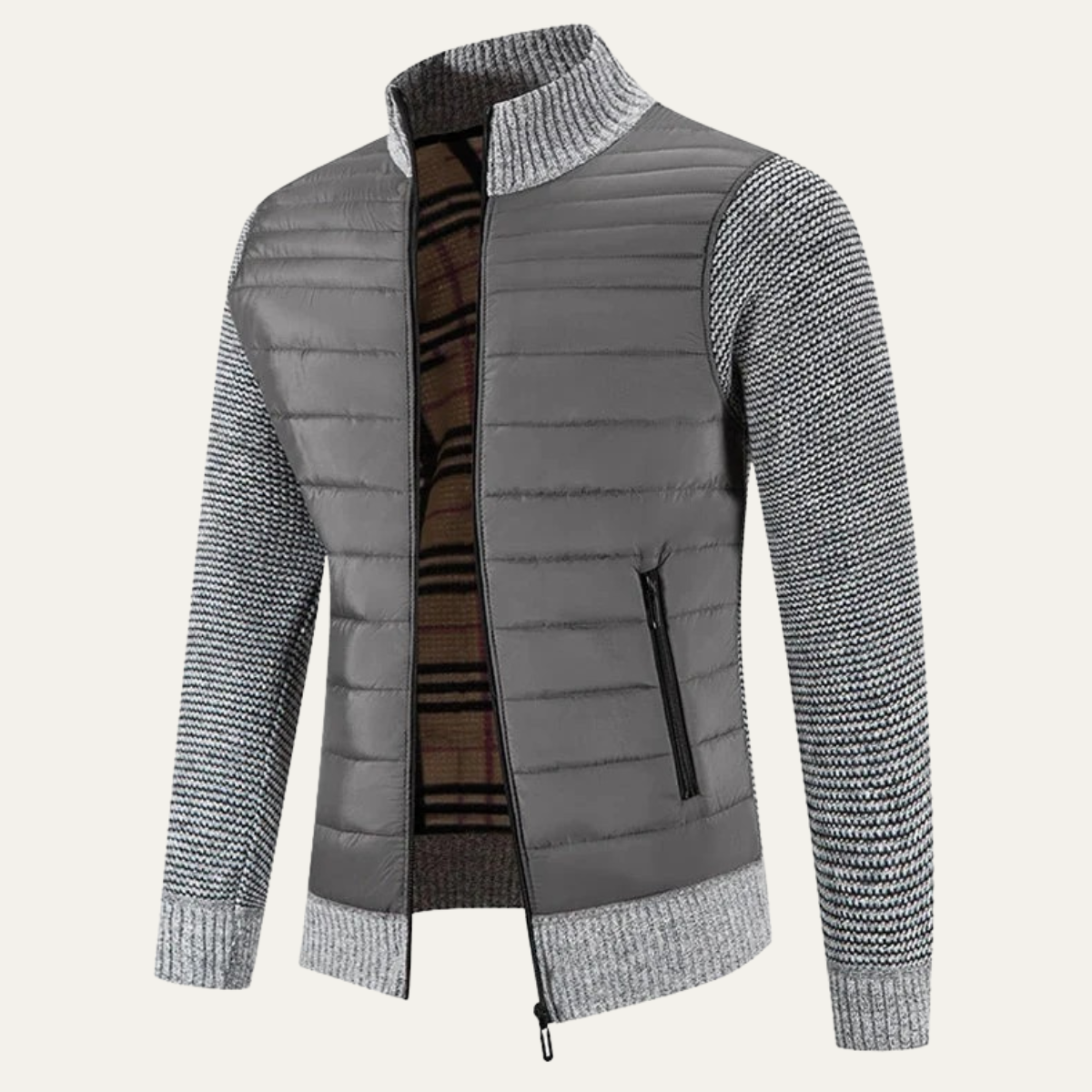 Warm Men's Quilted Bomber Jacket with Fleece Sleeves
