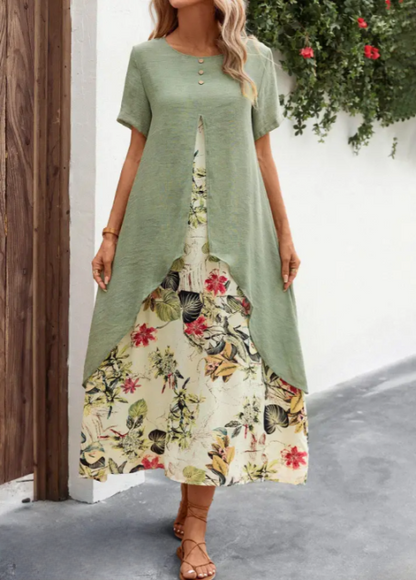 Flowy Floral Maxi Dress with Short Sleeves - Nocini